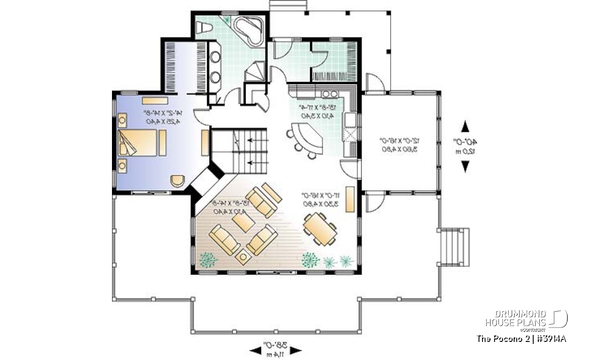 1st level - Open floor plan lakefront cottage house plan with large deck, master and living with fireplace - The Pocono 2