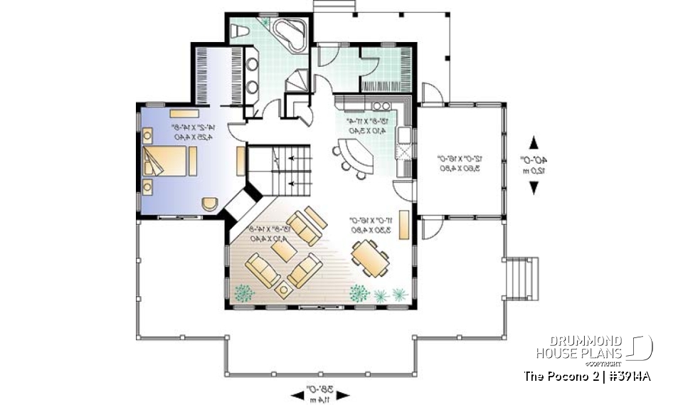 1st level - Open floor plan lakefront cottage house plan with large deck, master and living with fireplace - The Pocono 2