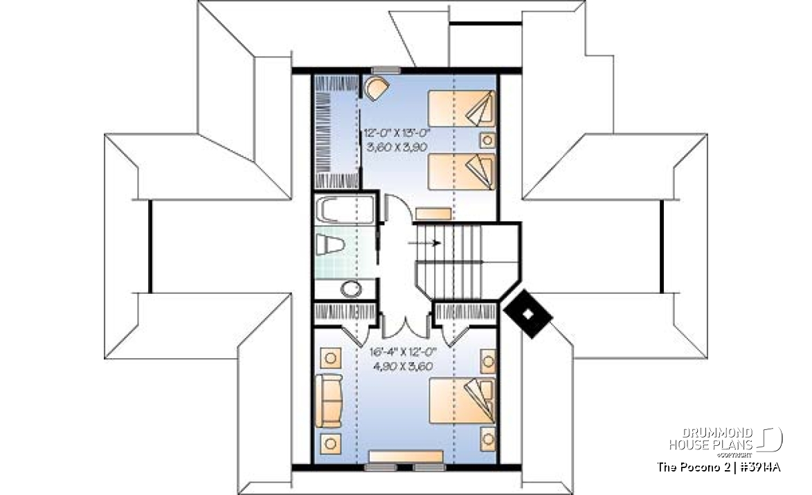 2nd level - Open floor plan lakefront cottage house plan with large deck, master and living with fireplace - The Pocono 2