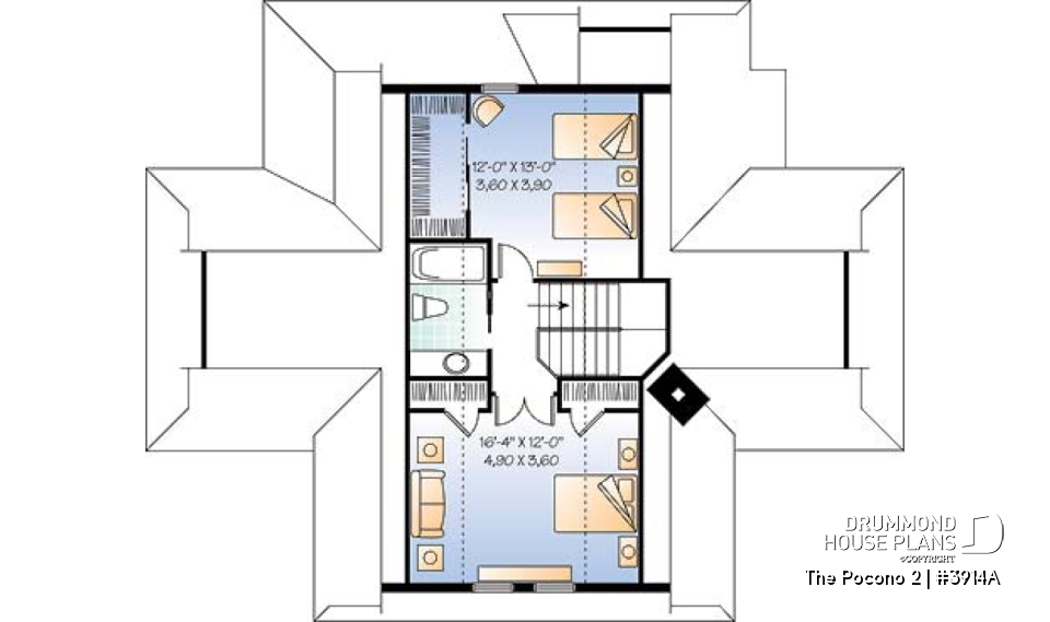 2nd level - Open floor plan lakefront cottage house plan with large deck, master and living with fireplace - The Pocono 2