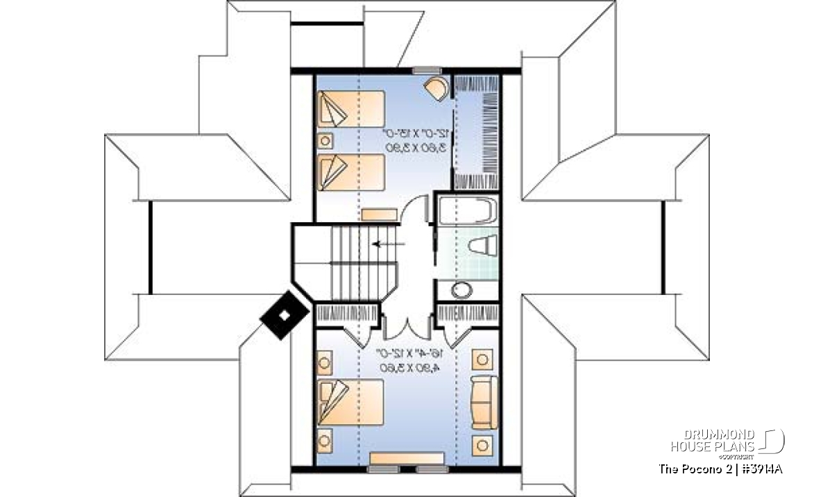 2nd level - Open floor plan lakefront cottage house plan with large deck, master and living with fireplace - The Pocono 2