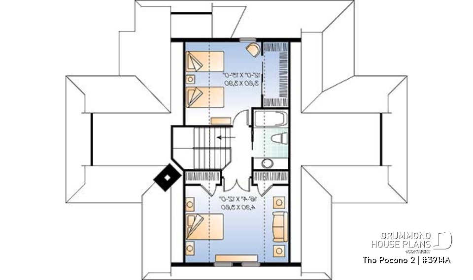 2nd level - Open floor plan lakefront cottage house plan with large deck, master and living with fireplace - The Pocono 2