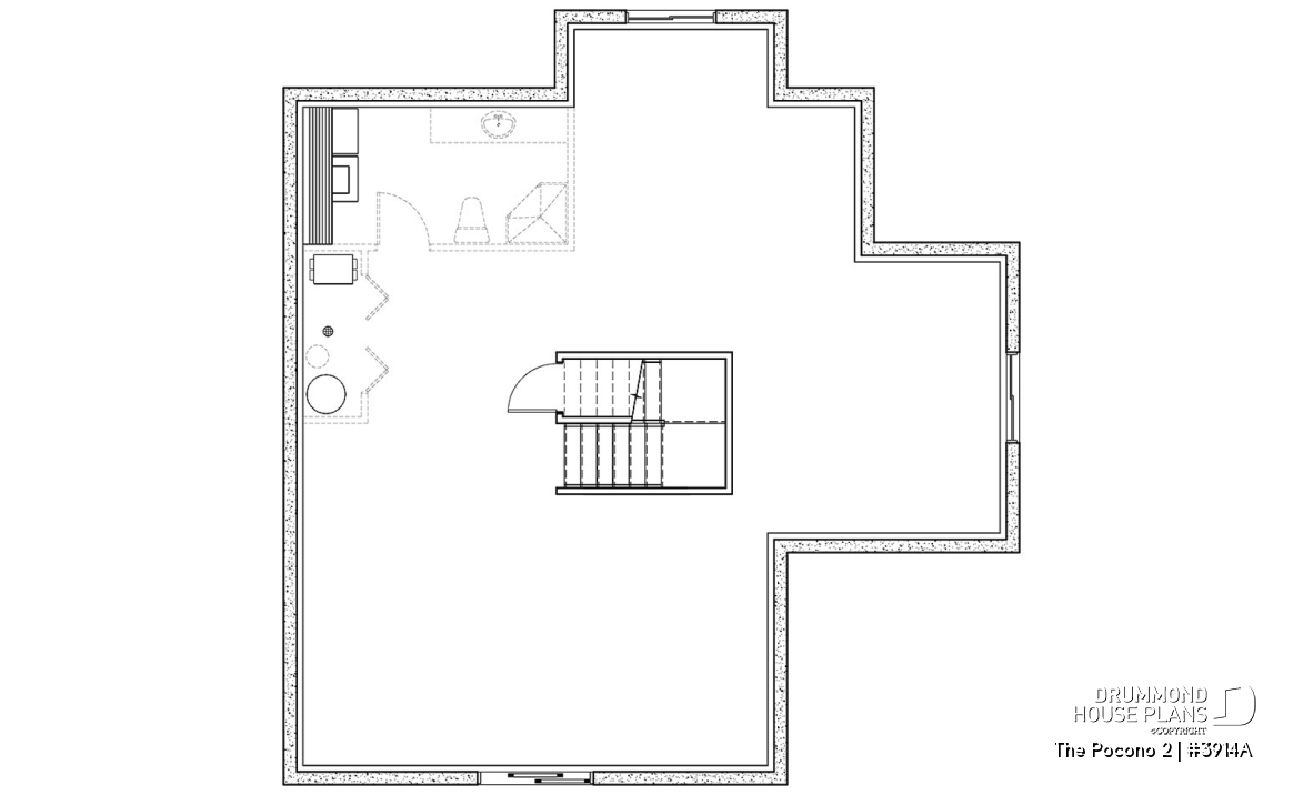 Basement - Open floor plan lakefront cottage house plan with large deck, master and living with fireplace - The Pocono 2