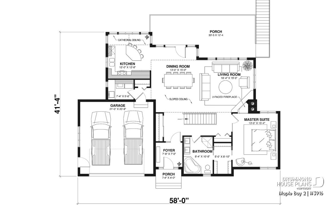 1st level - One-storey ranch style house plan with walkout basement,  2-car garage, 2 fireplaces, master on main floor - Maple Bay 2