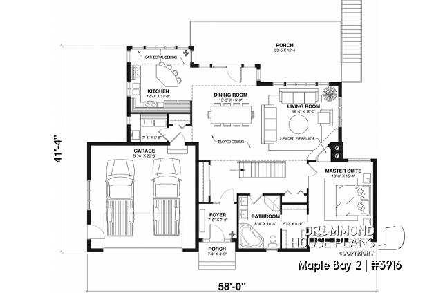 1st level - One-storey ranch style house plan with walkout basement,  2-car garage, 2 fireplaces, master on main floor - Maple Bay 2