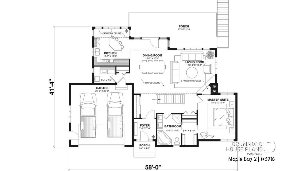 1st level - One-storey ranch style house plan with walkout basement,  2-car garage, 2 fireplaces, master on main floor - Maple Bay 2