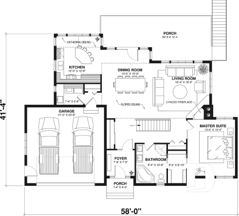 1st level - One-storey ranch style house plan with walkout basement,  2-car garage, 2 fireplaces, master on main floor - Maple Bay 2