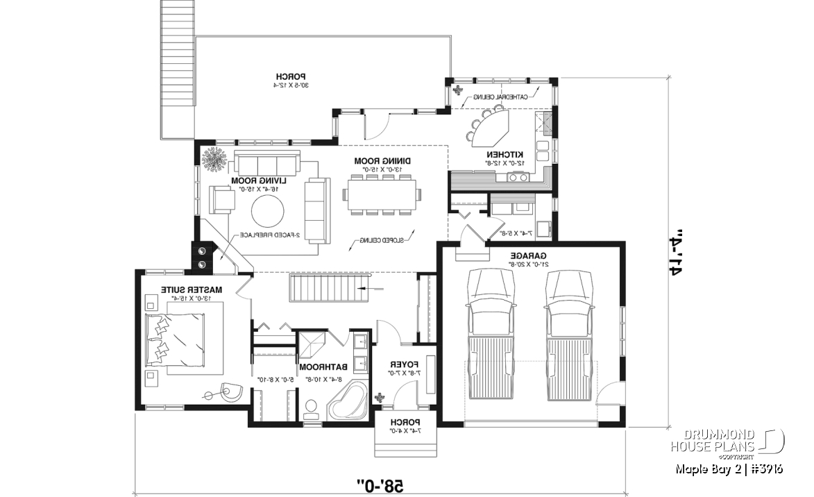 1st level - One-storey ranch style house plan with walkout basement,  2-car garage, 2 fireplaces, master on main floor - Maple Bay 2