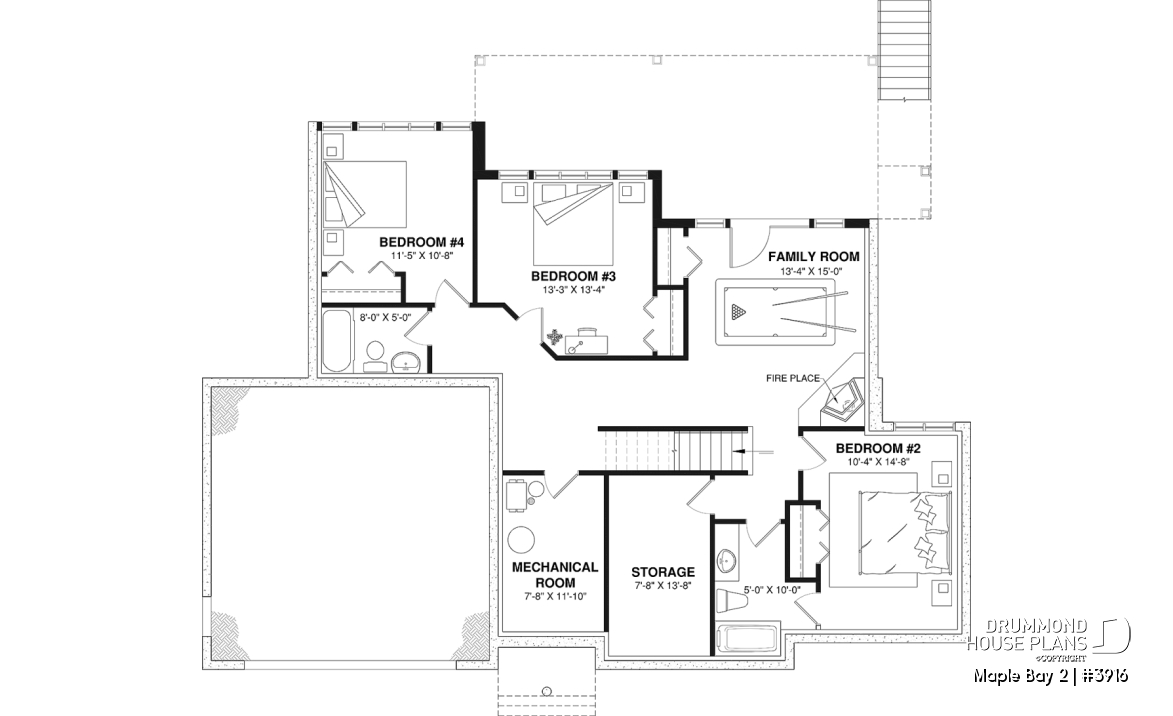 Finished basement (Optional $) - One-storey ranch style house plan with walkout basement,  2-car garage, 2 fireplaces, master on main floor - Maple Bay 2