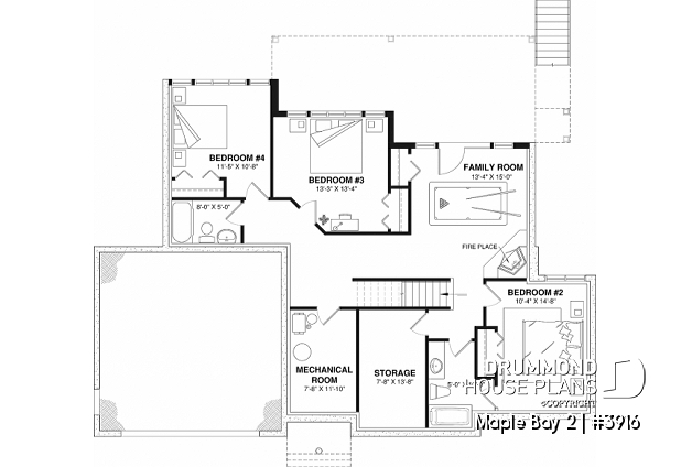 Finished basement (Optional $) - One-storey ranch style house plan with walkout basement,  2-car garage, 2 fireplaces, master on main floor - Maple Bay 2