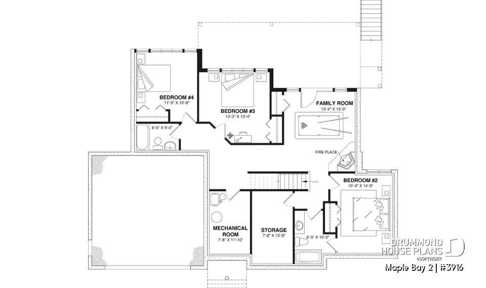 Finished basement (Optional $) - One-storey ranch style house plan with walkout basement,  2-car garage, 2 fireplaces, master on main floor - Maple Bay 2