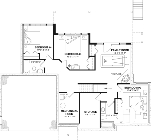 Finished basement (Optional $) - One-storey ranch style house plan with walkout basement,  2-car garage, 2 fireplaces, master on main floor - Maple Bay 2