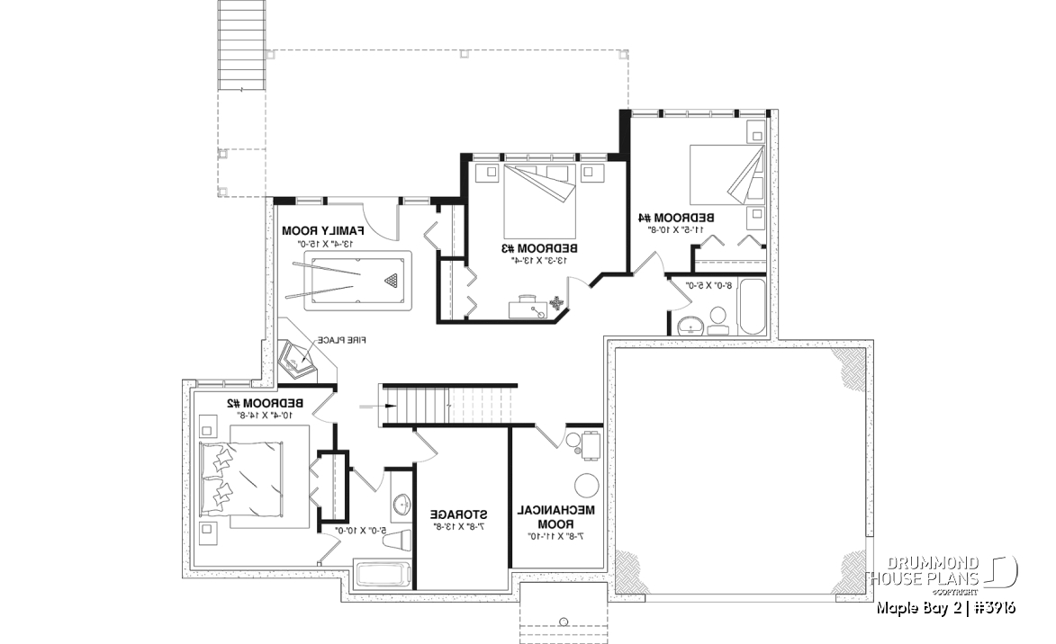 Finished basement (Optional $) - One-storey ranch style house plan with walkout basement,  2-car garage, 2 fireplaces, master on main floor - Maple Bay 2
