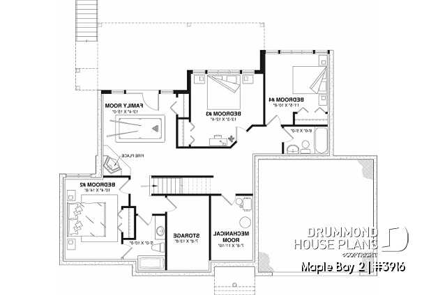 Finished basement (Optional $) - One-storey ranch style house plan with walkout basement,  2-car garage, 2 fireplaces, master on main floor - Maple Bay 2