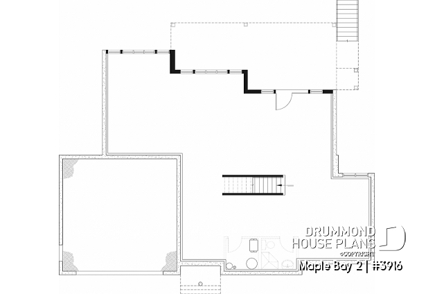 Unfinished basement - One-storey ranch style house plan with walkout basement,  2-car garage, 2 fireplaces, master on main floor - Maple Bay 2