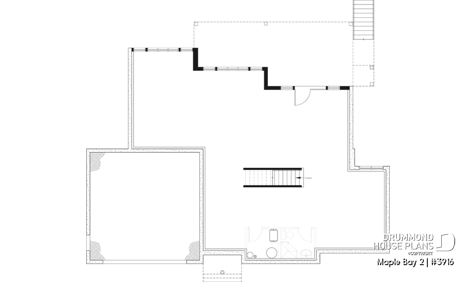 Unfinished basement - One-storey ranch style house plan with walkout basement,  2-car garage, 2 fireplaces, master on main floor - Maple Bay 2