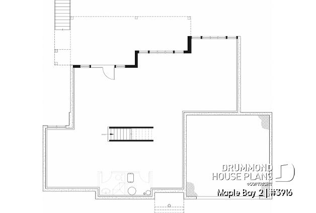 Unfinished basement - One-storey ranch style house plan with walkout basement,  2-car garage, 2 fireplaces, master on main floor - Maple Bay 2