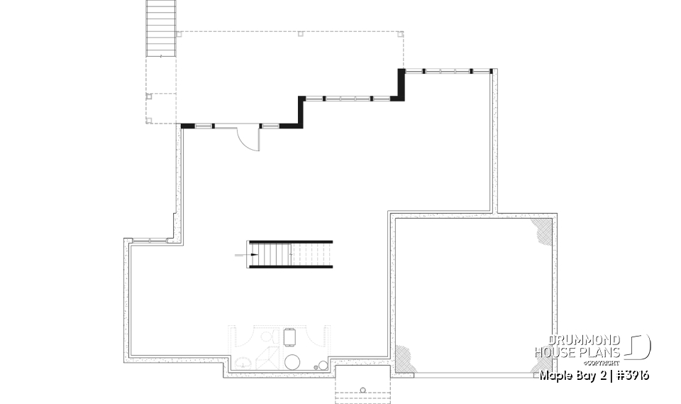 Unfinished basement - One-storey ranch style house plan with walkout basement,  2-car garage, 2 fireplaces, master on main floor - Maple Bay 2