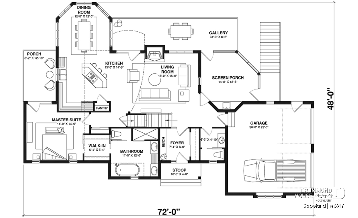 1st level - Lakefront walkout basement house plan, 2 to 4 bedrooms, 2 master suites, 2-car garage, open concept  - Copeland