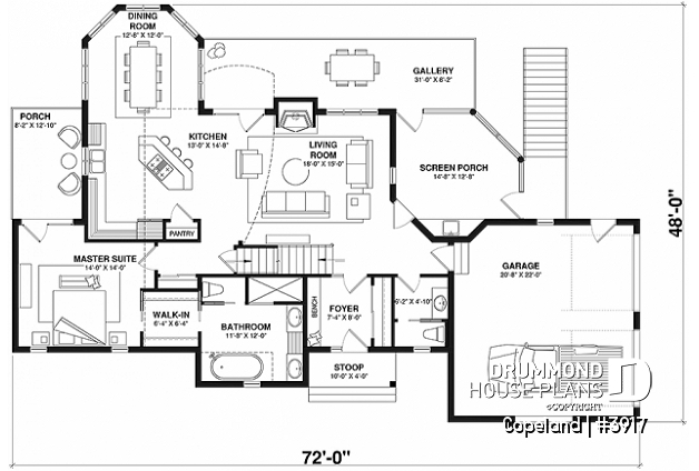1st level - Lakefront walkout basement house plan, 2 to 4 bedrooms, 2 master suites, 2-car garage, open concept  - Copeland
