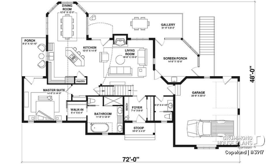 1st level - Lakefront walkout basement house plan, 2 to 4 bedrooms, 2 master suites, 2-car garage, open concept  - Copeland