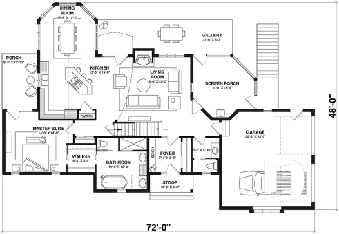 1st level - Lakefront walkout basement house plan, 2 to 4 bedrooms, 2 master suites, 2-car garage, open concept  - Copeland