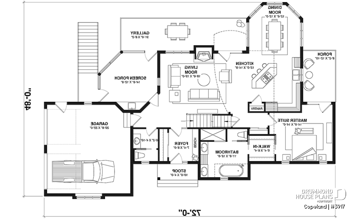 1st level - Lakefront walkout basement house plan, 2 to 4 bedrooms, 2 master suites, 2-car garage, open concept  - Copeland