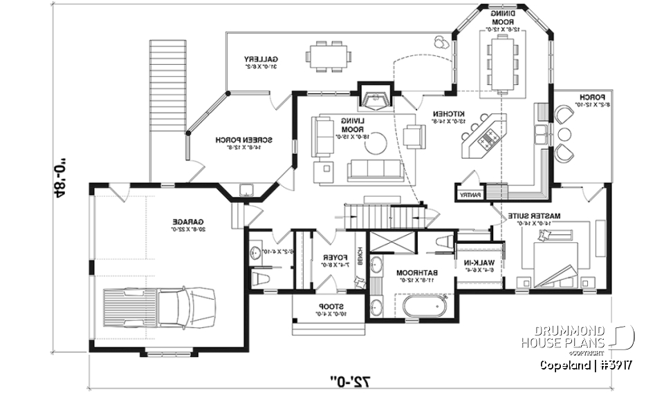 1st level - Lakefront walkout basement house plan, 2 to 4 bedrooms, 2 master suites, 2-car garage, open concept  - Copeland
