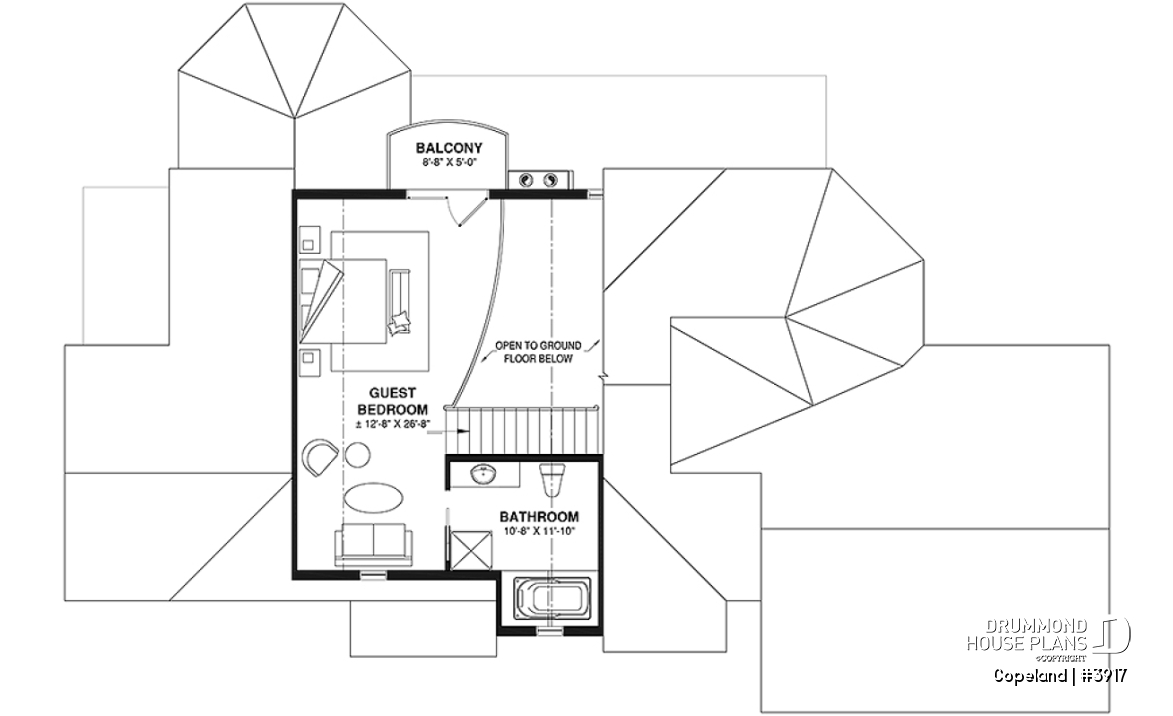 2nd level - Lakefront walkout basement house plan, 2 to 4 bedrooms, 2 master suites, 2-car garage, open concept  - Copeland