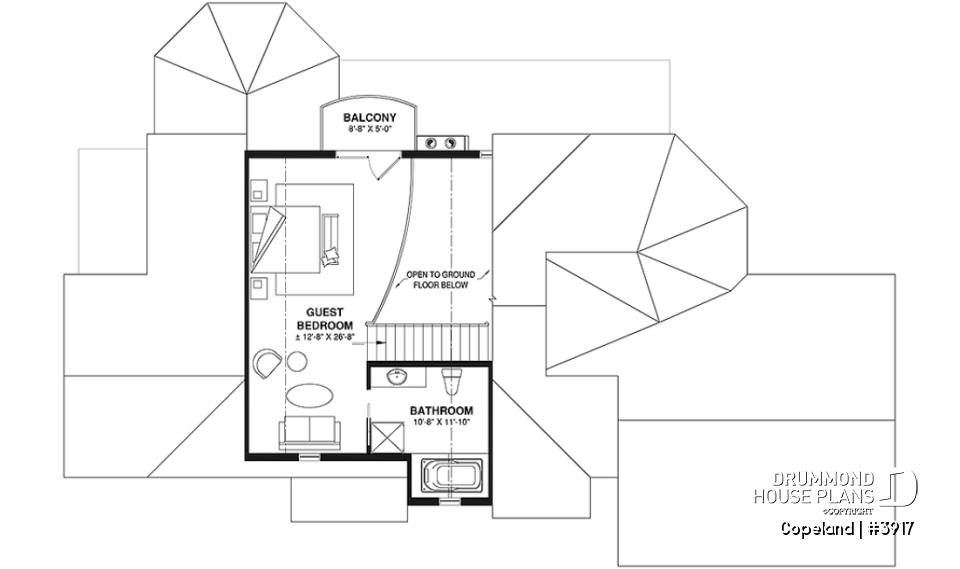 2nd level - Lakefront walkout basement house plan, 2 to 4 bedrooms, 2 master suites, 2-car garage, open concept  - Copeland