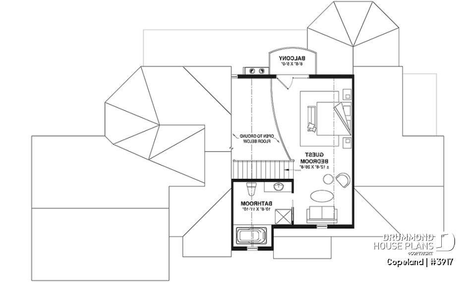 2nd level - Lakefront walkout basement house plan, 2 to 4 bedrooms, 2 master suites, 2-car garage, open concept  - Copeland