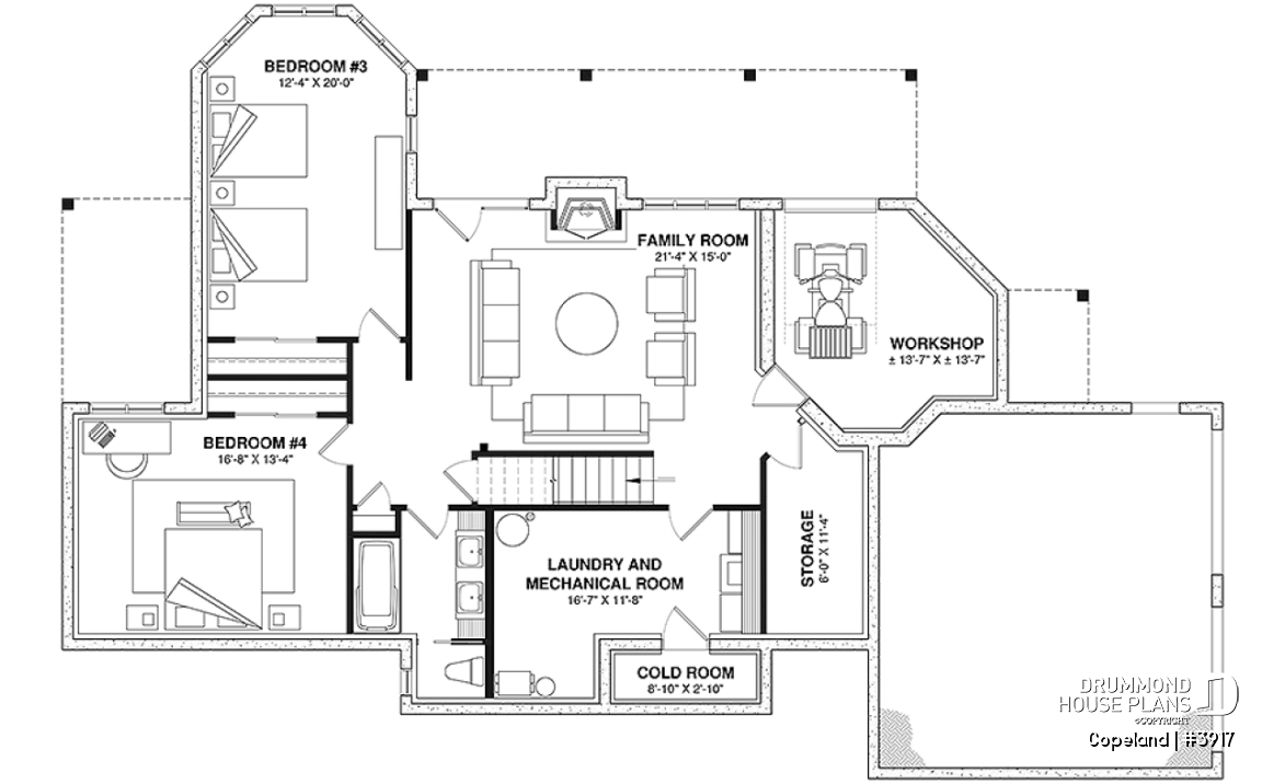 Basement - Lakefront walkout basement house plan, 2 to 4 bedrooms, 2 master suites, 2-car garage, open concept  - Copeland