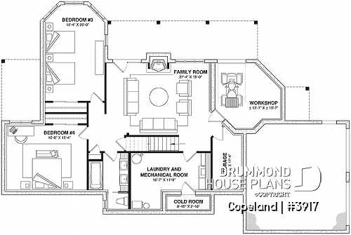 Basement - Lakefront walkout basement house plan, 2 to 4 bedrooms, 2 master suites, 2-car garage, open concept  - Copeland