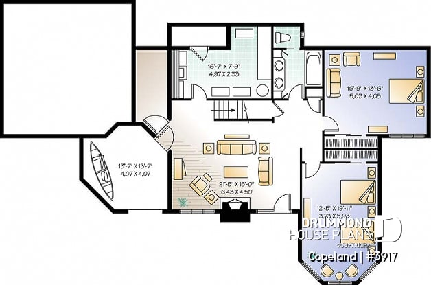 Basement - Lakefront walkout basement house plan, 2 to 4 bedrooms, 2 master suites, 2-car garage, open concept  - Copeland