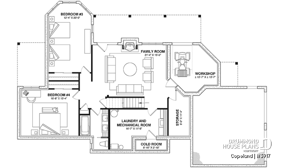 Basement - Lakefront walkout basement house plan, 2 to 4 bedrooms, 2 master suites, 2-car garage, open concept  - Copeland