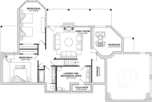 Basement - Lakefront walkout basement house plan, 2 to 4 bedrooms, 2 master suites, 2-car garage, open concept  - Copeland