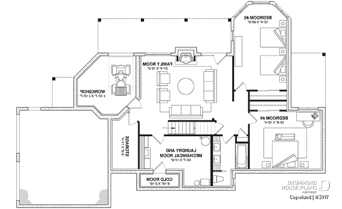 Basement - Lakefront walkout basement house plan, 2 to 4 bedrooms, 2 master suites, 2-car garage, open concept  - Copeland