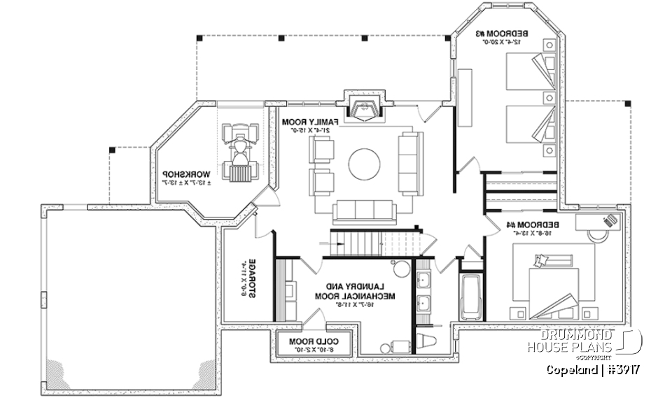Basement - Lakefront walkout basement house plan, 2 to 4 bedrooms, 2 master suites, 2-car garage, open concept  - Copeland