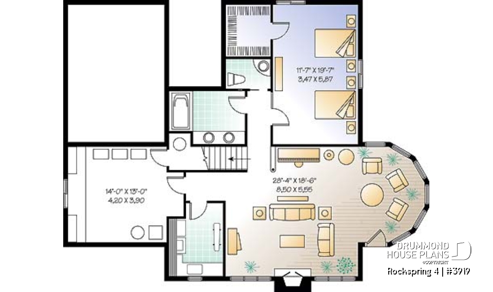 Basement - Ranch style house plan with walkout finished basement, 2 to 4 bedrooms, garage, cathedral ceiling - Rockspring 4