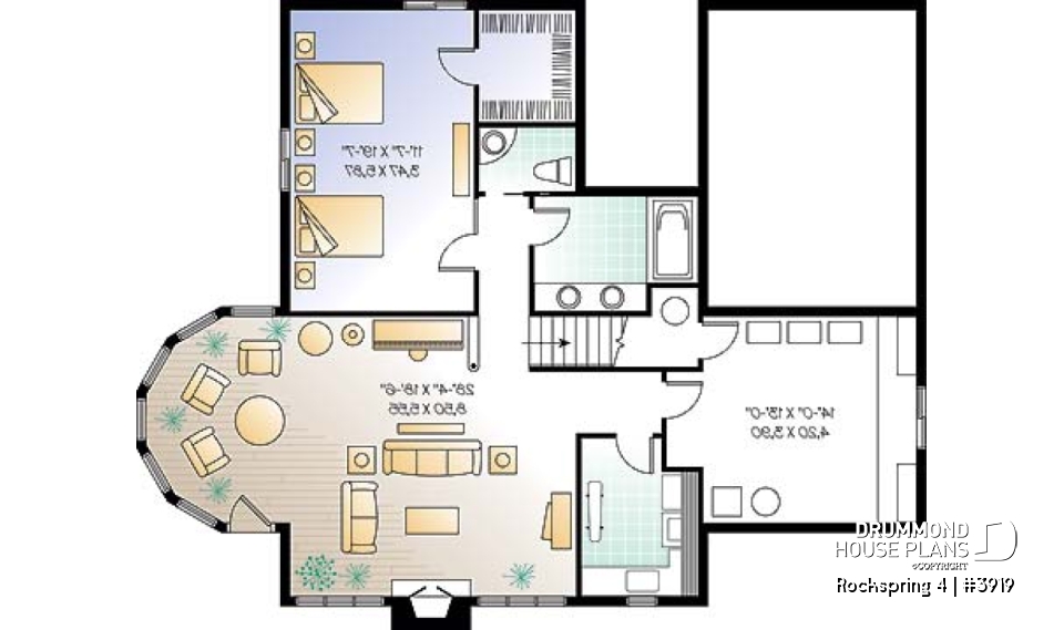 Basement - Ranch style house plan with walkout finished basement, 2 to 4 bedrooms, garage, cathedral ceiling - Rockspring 4
