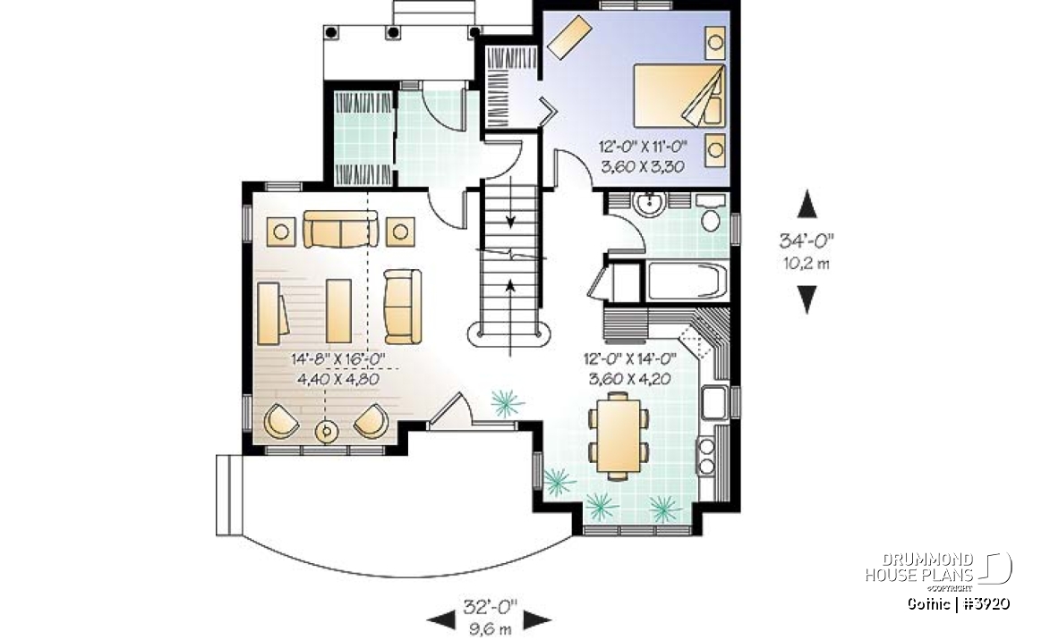 1st level - Tudor house plan with master bedroom on main floor, total 3 beds and 2 baths, cathedral ceiling - Gothic