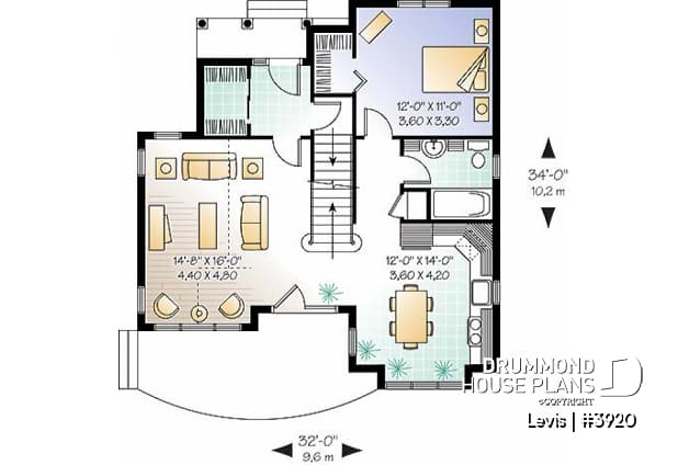1st level - Tudor house plan with master bedroom on main floor, total 3 beds and 2 baths, cathedral ceiling - Levis