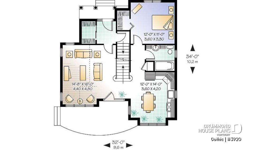 1st level - Tudor house plan with master bedroom on main floor, total 3 beds and 2 baths, cathedral ceiling - Gothic