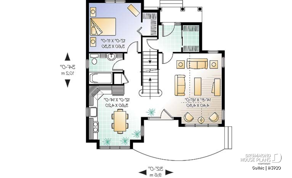 1st level - Tudor house plan with master bedroom on main floor, total 3 beds and 2 baths, cathedral ceiling - Gothic