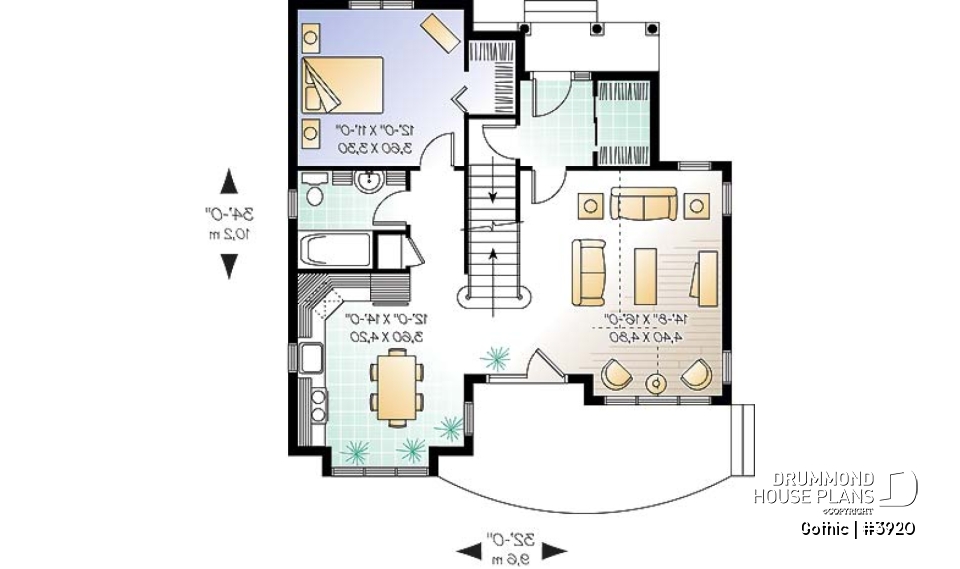 1st level - Tudor house plan with master bedroom on main floor, total 3 beds and 2 baths, cathedral ceiling - Gothic