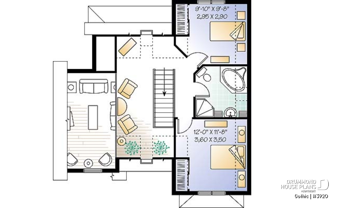 2nd level - Tudor house plan with master bedroom on main floor, total 3 beds and 2 baths, cathedral ceiling - Gothic