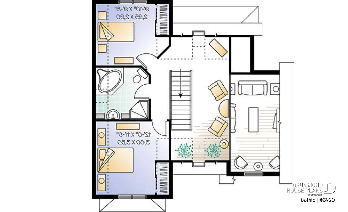 2nd level - Tudor house plan with master bedroom on main floor, total 3 beds and 2 baths, cathedral ceiling - Gothic
