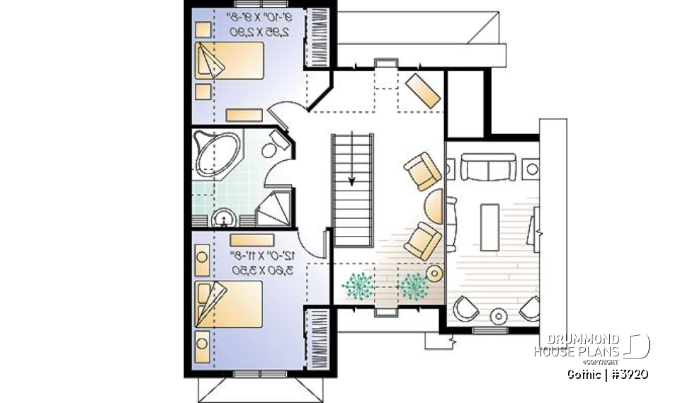 2nd level - Tudor house plan with master bedroom on main floor, total 3 beds and 2 baths, cathedral ceiling - Gothic