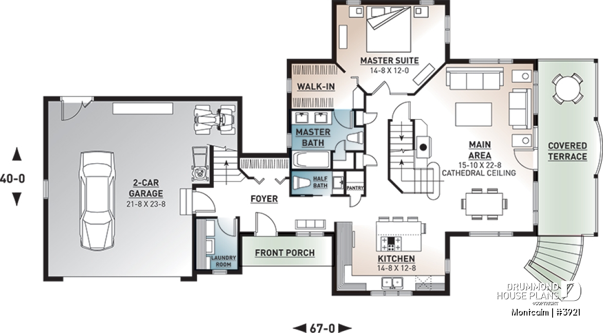 1st level - Country cottage house plan, large master suite, guest suite above garage, large covered terrace, fireplace - Montcalm