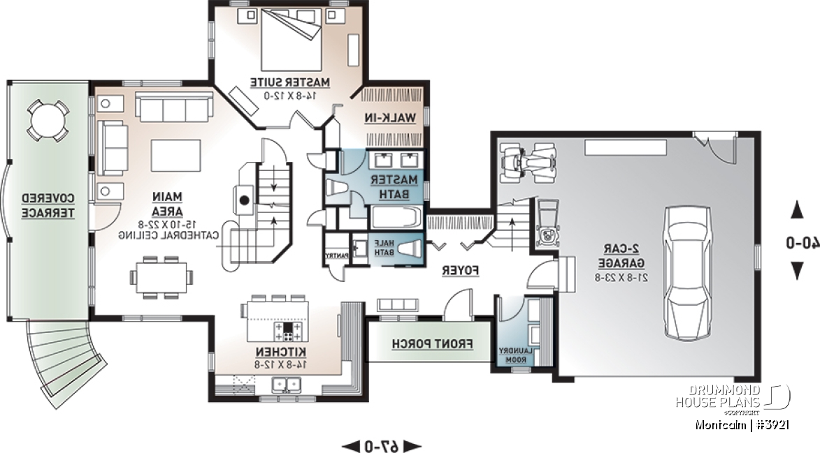 1st level - Country cottage house plan, large master suite, guest suite above garage, large covered terrace, fireplace - Montcalm